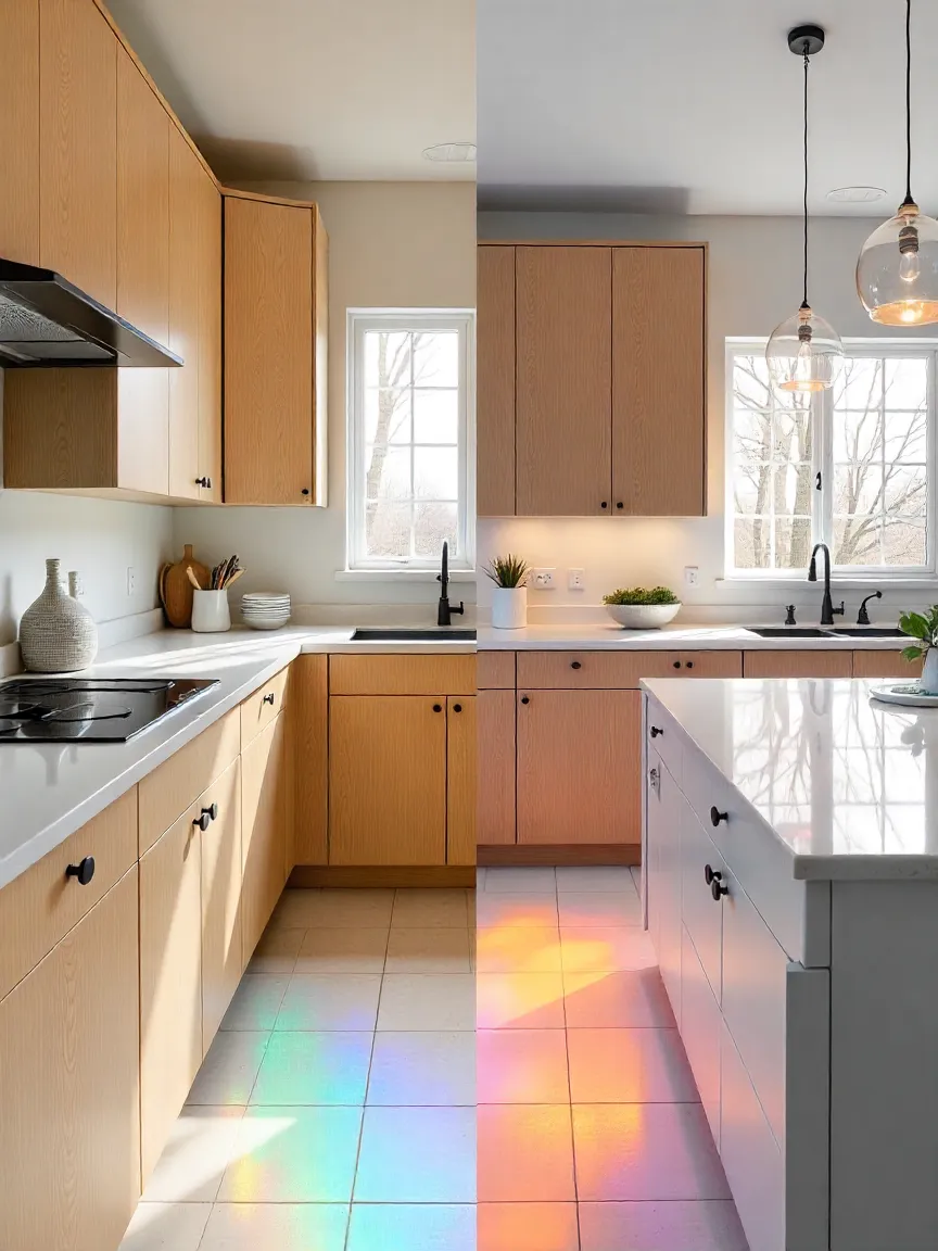 Before-and-after Toronto kitchen remodel showing upgrade from basic builder-grade finishes to oak veneer cabinets, modern tile flooring, and solid-surface countertops.