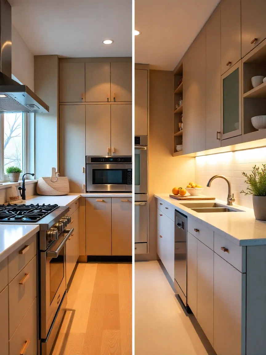 Before-and-after Toronto kitchen remodel showing transformation from chaotic open-concept space into a U-shaped layout with defined cooking, cleaning, and prep zones for better flow and organization.