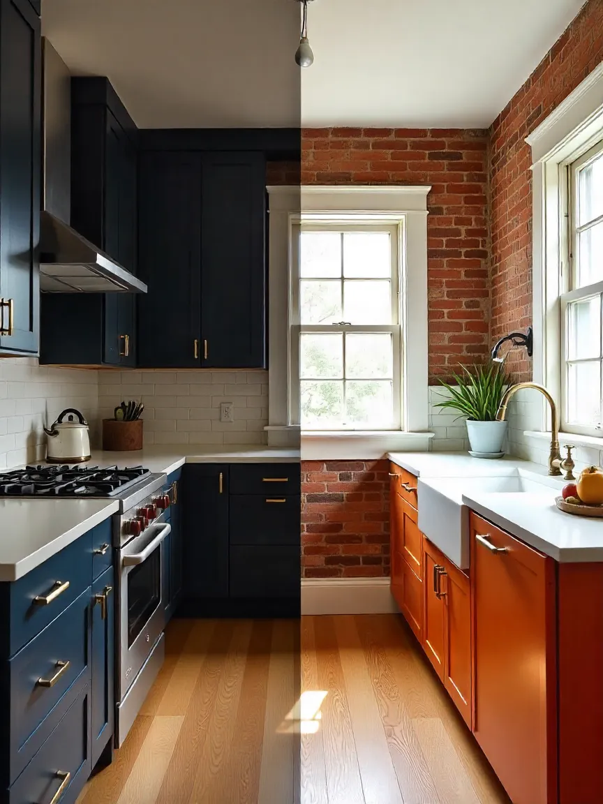 Before-and-after Toronto heritage kitchen remodel showing transformation from outdated cabinetry and dim lighting to a modernized space with exposed brick, farmhouse sink, brass fixtures, quartz counters, and energy-efficient appliances while keeping vintage character.
