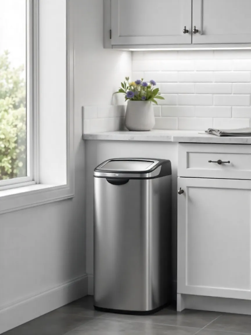 Modern kitchen with a stainless steel touchless trash can next to white cabinets and a marble countertop for a hygienic, smart upgrade.