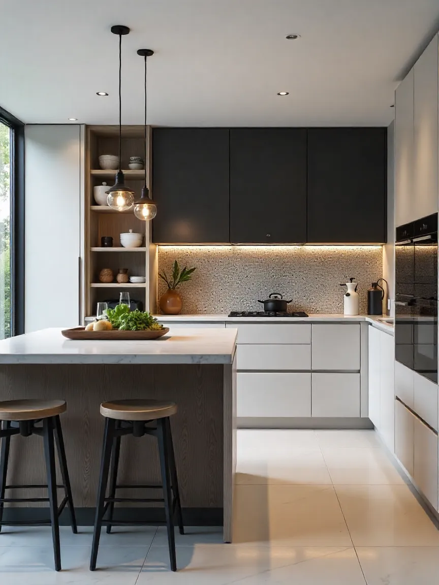 Trending modern kitchen with matte cabinets, island seating, bold backsplash, integrated appliances, and layered lighting.