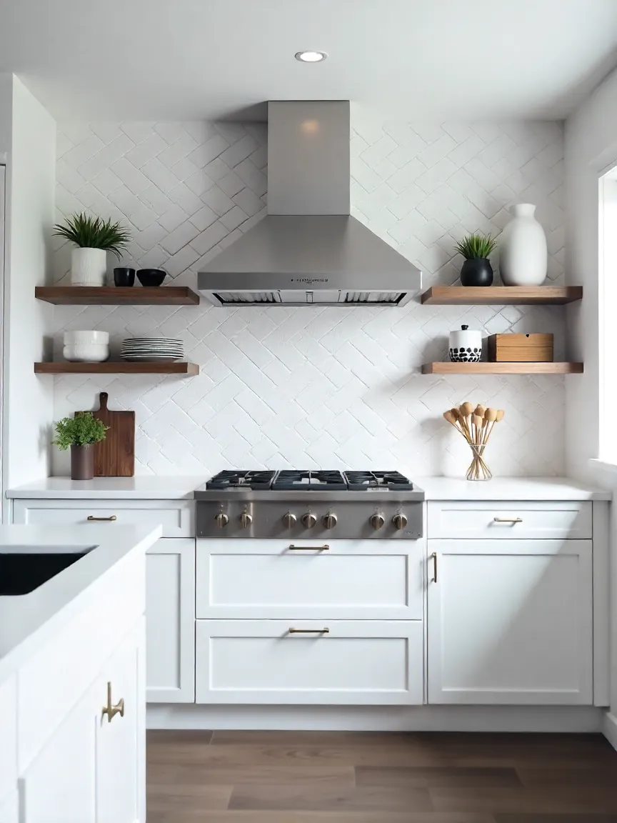 Modern kitchen with a white herringbone subway tile backsplash, wooden shelves, and shaker cabinets for a stylish, updated look.