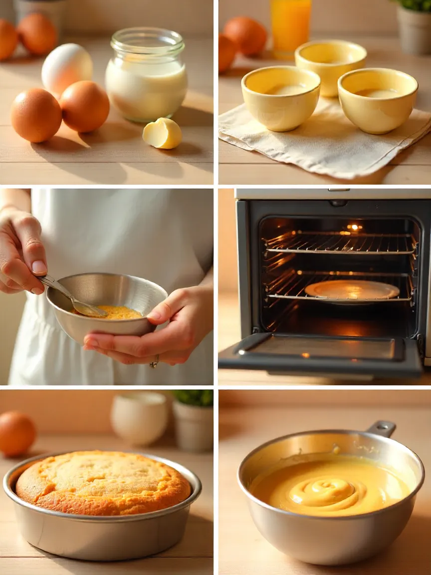 Collage of cake baking tips including room temperature ingredients, accurate measuring, closed oven door, greased pan, and gentle mixing of batter.