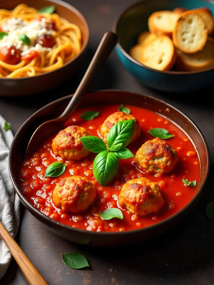 Turkey meatballs in rich tomato sauce with basil, served in a skillet alongside spaghetti, Parmesan, and crusty bread.