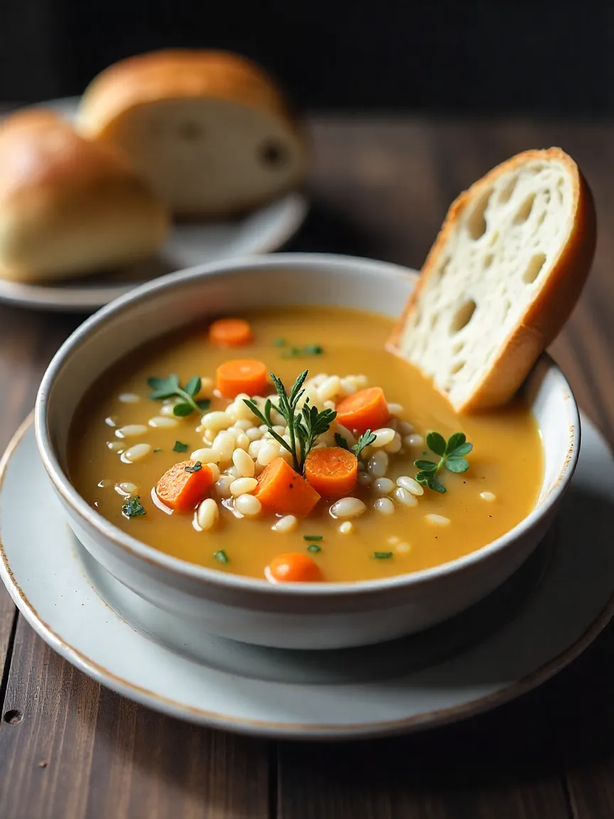 Hearty turkey and wild rice soup with carrots, celery, and thyme served in a rustic bowl with bread on the side.