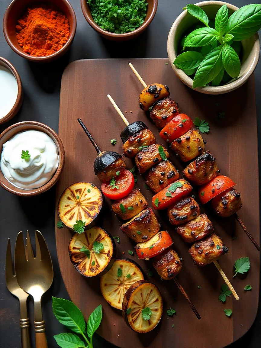 Turkish cooking essentials with spices, fresh herbs, yogurt marinade, kebab skewers, and salted eggplants on a rustic kitchen table.