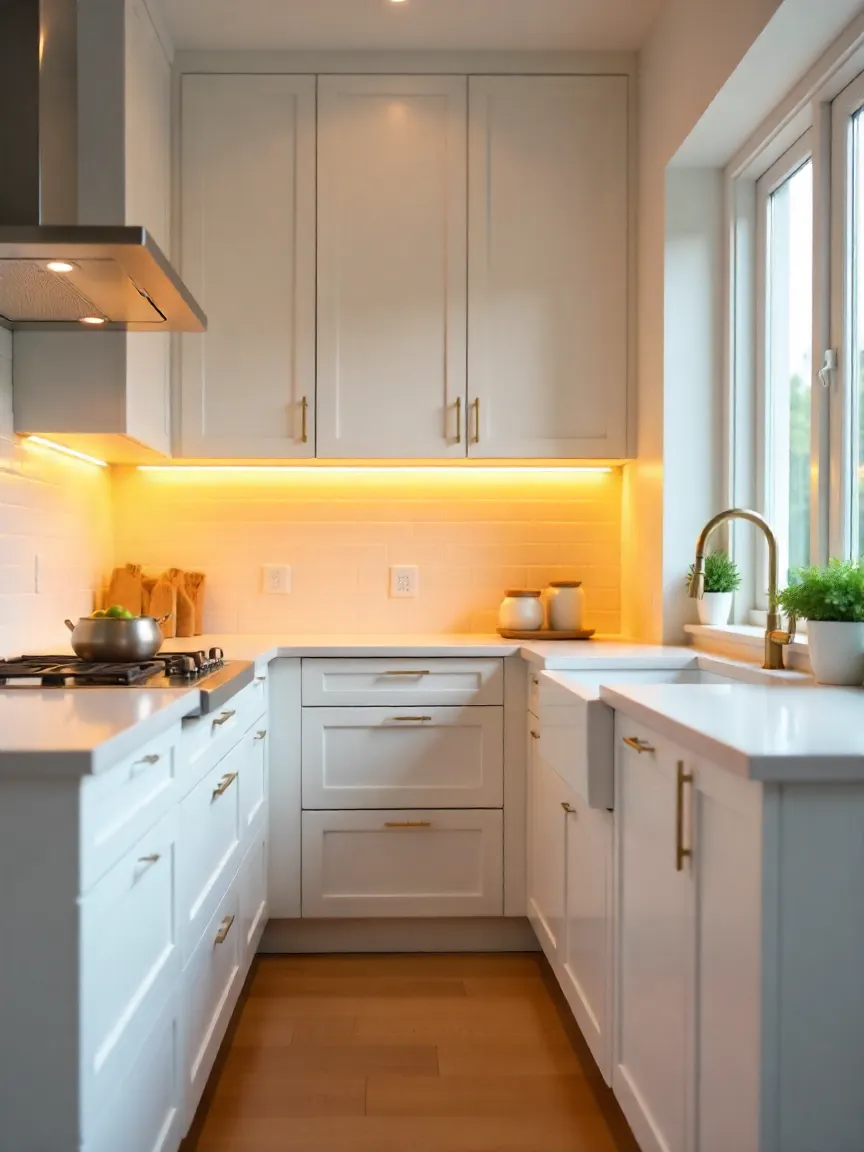 Modern kitchen with LED under-cabinet lighting highlighting a white subway tile backsplash and bright countertops for a stylish, functional upgrade.