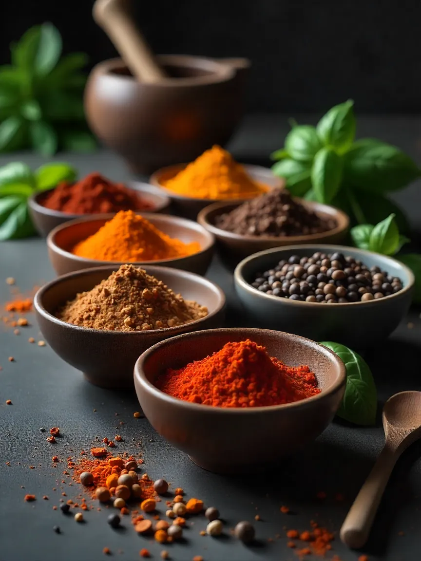Assorted spices and fresh herbs on a kitchen countertop with a mortar and pestle, showcasing the essentials for mastering flavors and seasonings.