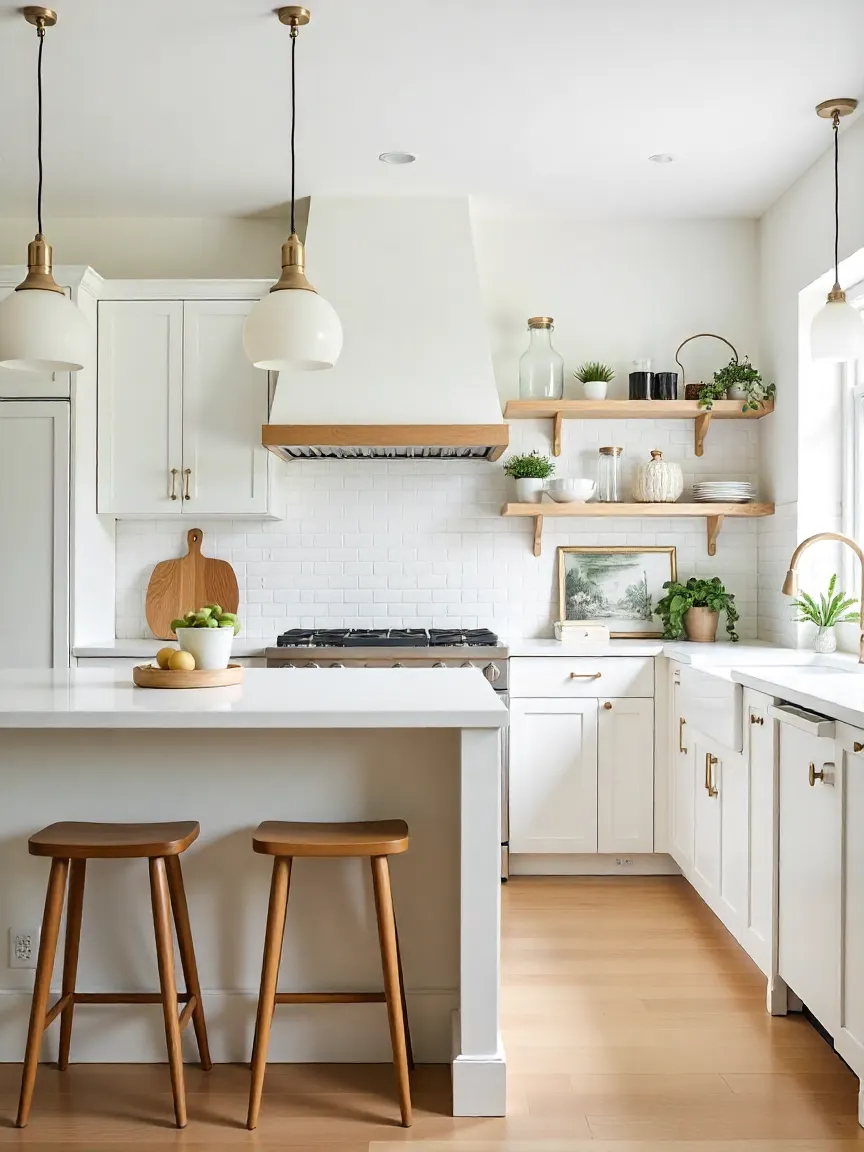 Bright, modern kitchen with a large island, pendant lighting, subway tile backsplash, and wood accents, showcasing a functional and stylish design.
