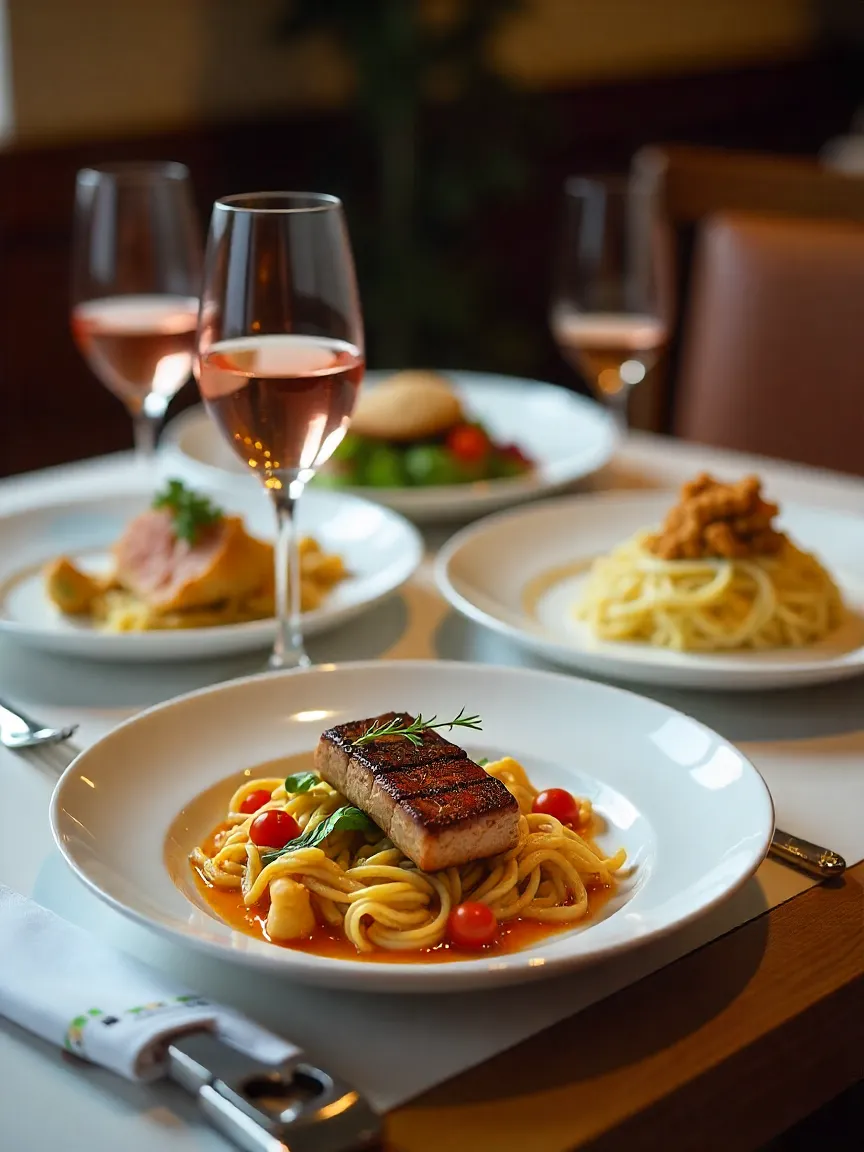 Dining table with assorted dishes and different wine styles, showing the basics of wine and food pairing.
