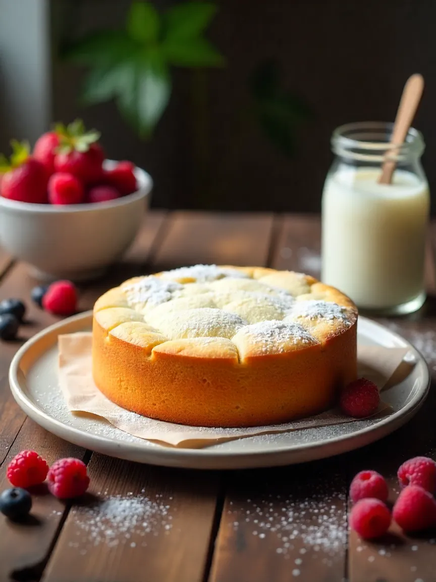 Classic vanilla cake on wooden table with powdered sugar and berries, ready to serve in a cozy kitchen setting.