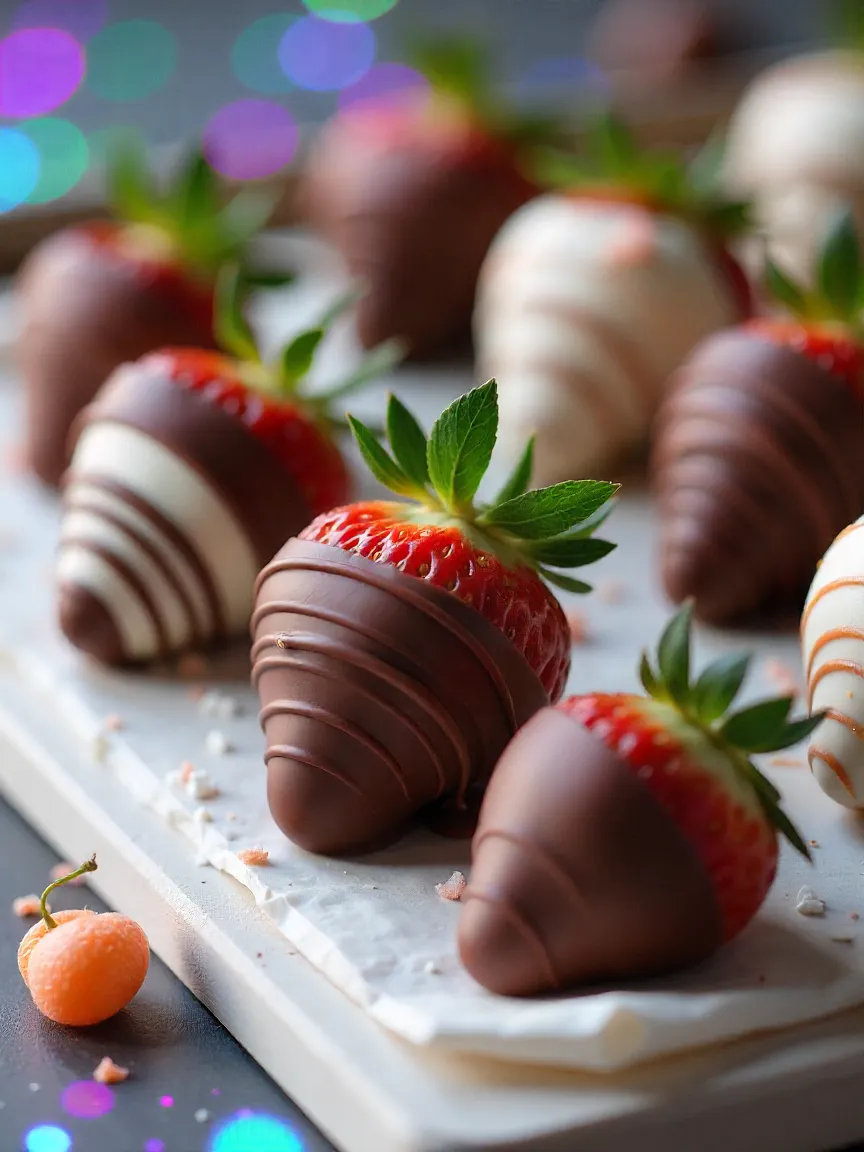 Chocolate-covered strawberries with marbled, layered coatings and flavored melted chocolate for decoration.
