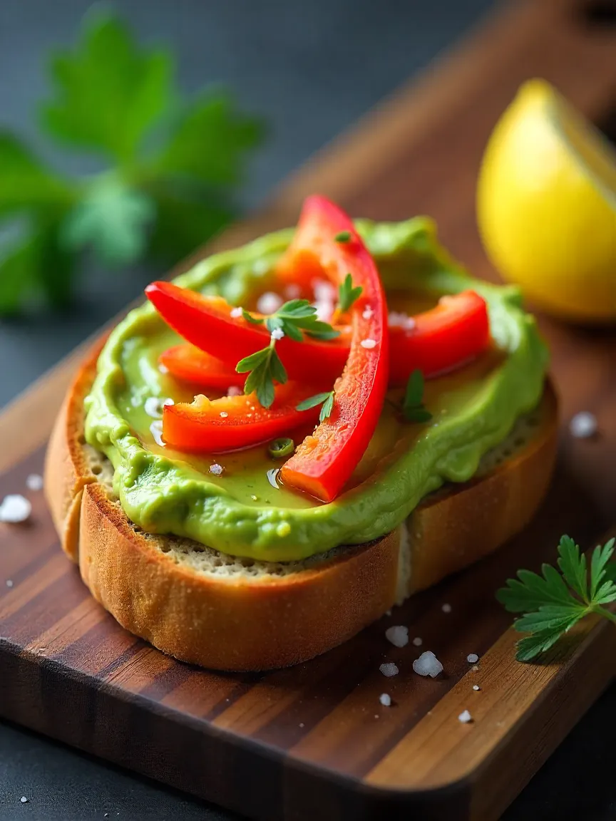 Vegan avocado toast topped with roasted red peppers, olive oil, and parsley on sourdough bread.