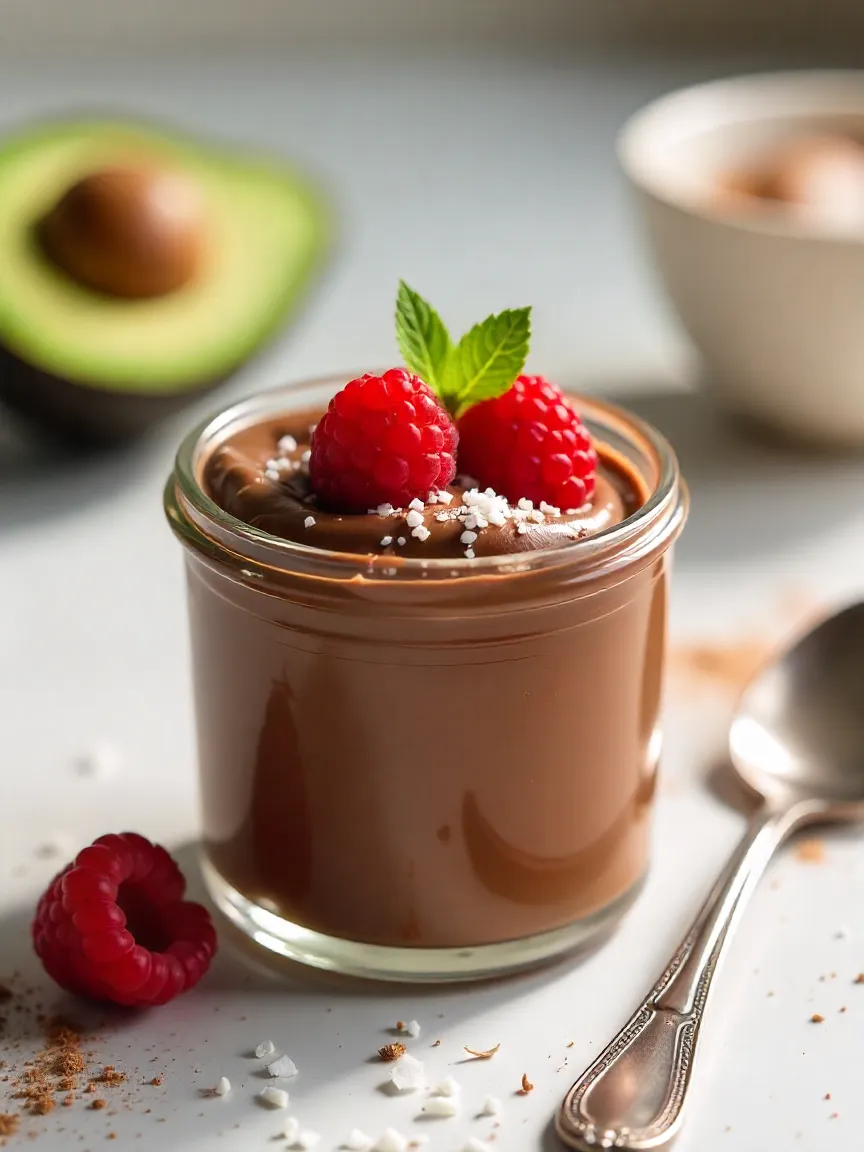 Vegan chocolate avocado pudding in a glass jar topped with raspberries, coconut, and mint.