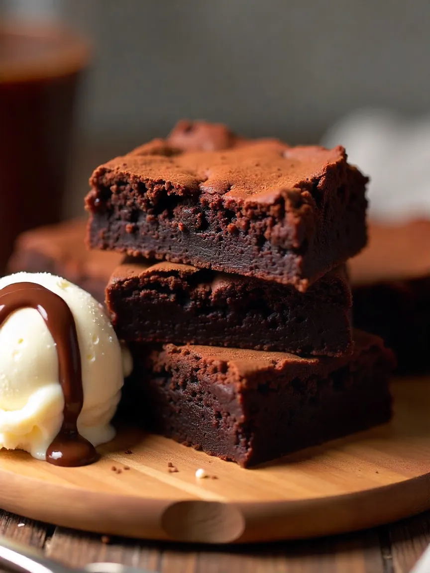 Stack of gooey vegan chocolate fudge brownies with ice cream and chocolate drizzle on a wooden board.