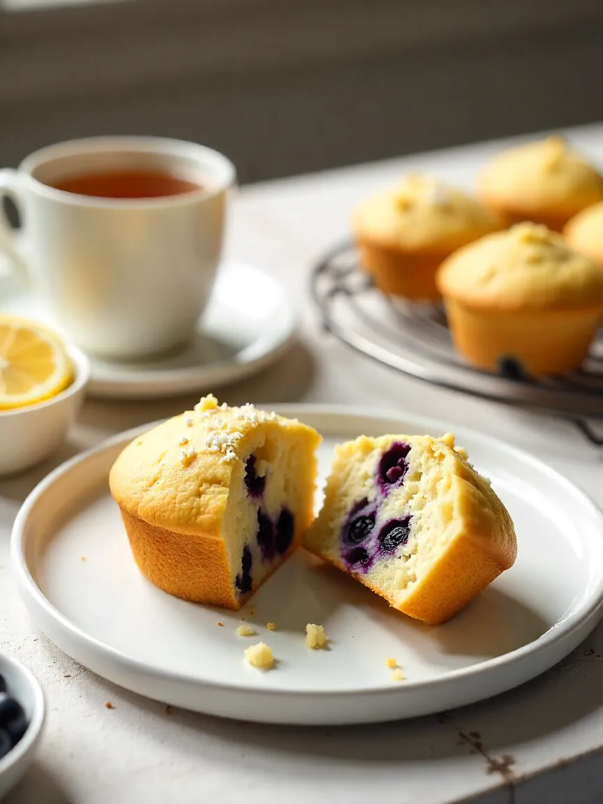 Vegan lemon blueberry muffins on a breakfast table with tea, fresh blueberries, and lemon slices.