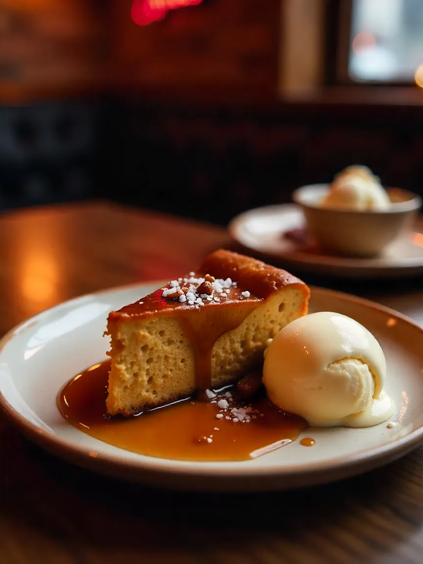 Vegan sticky toffee pudding topped with rich toffee sauce and served with vegan vanilla ice cream.