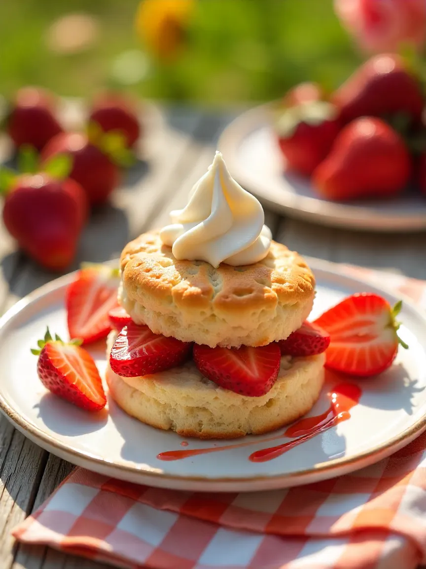 Vegan strawberry shortcake with coconut whipped cream and fresh strawberries in a bright summer picnic setting.