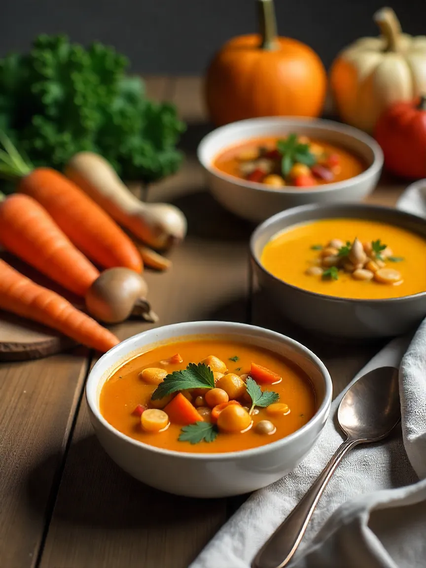 Assortment of vegetarian and vegan fall soups including chickpea stew, lentil carrot soup, and wild rice mushroom soup, served with fresh autumn vegetables.