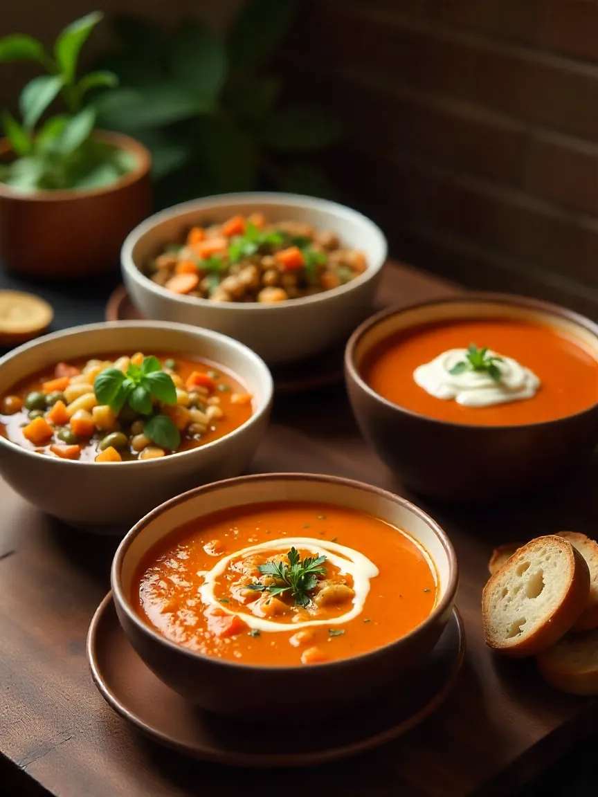 Five bowls of assorted soups, including chicken noodle, beef barley, tomato basil, lentil vegetable, and spiced pumpkin, arranged on a rustic wooden table.