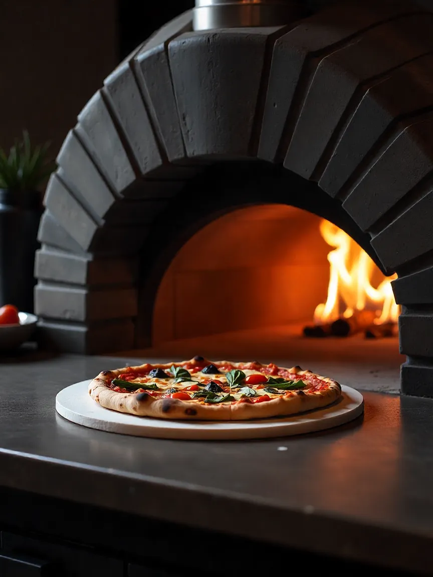 Traditional wood-fired brick oven with fire inside and pizza baking on a stone base in a rustic outdoor setting.