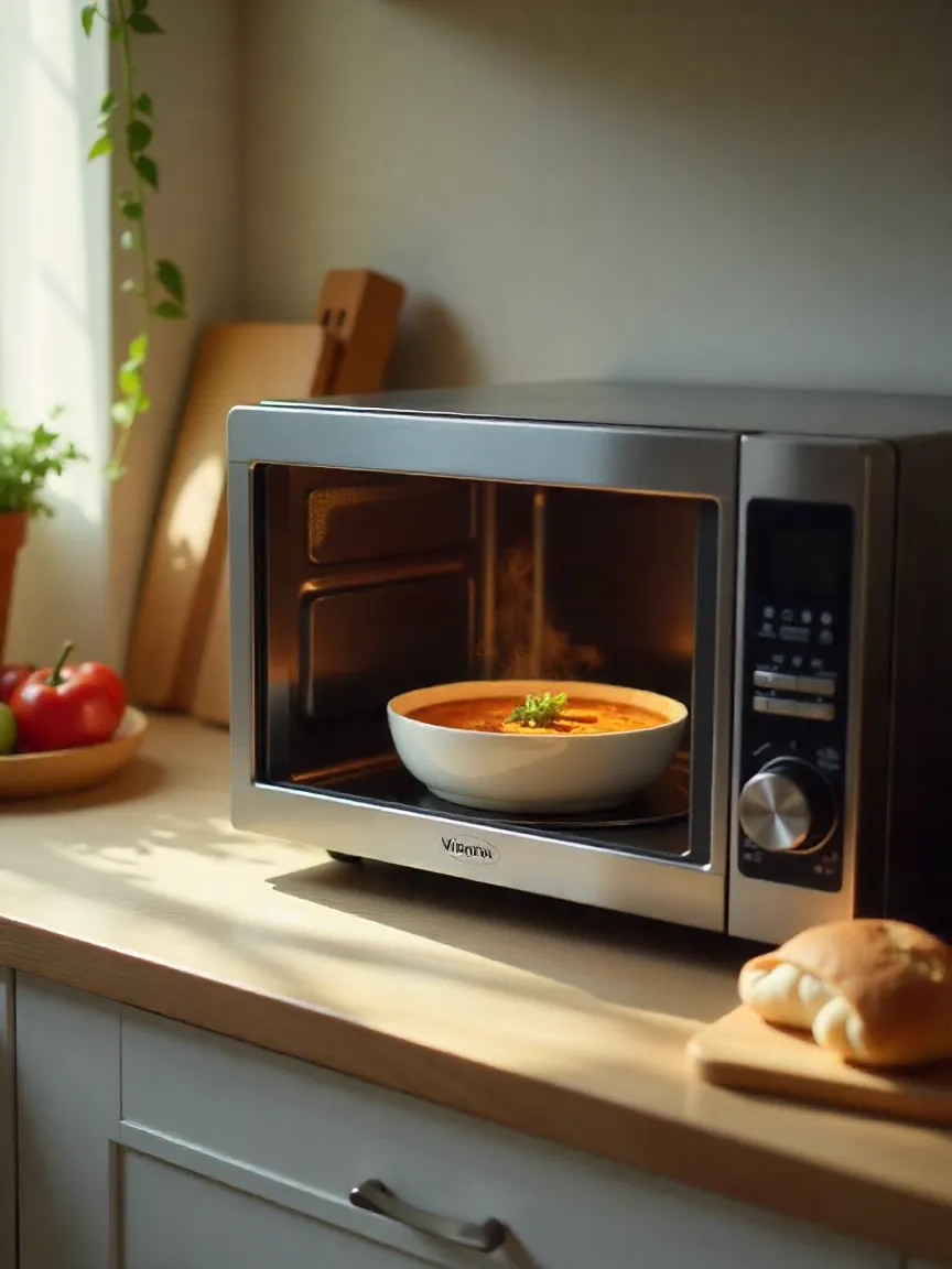 Modern microwave oven reheating soup in a contemporary kitchen. 