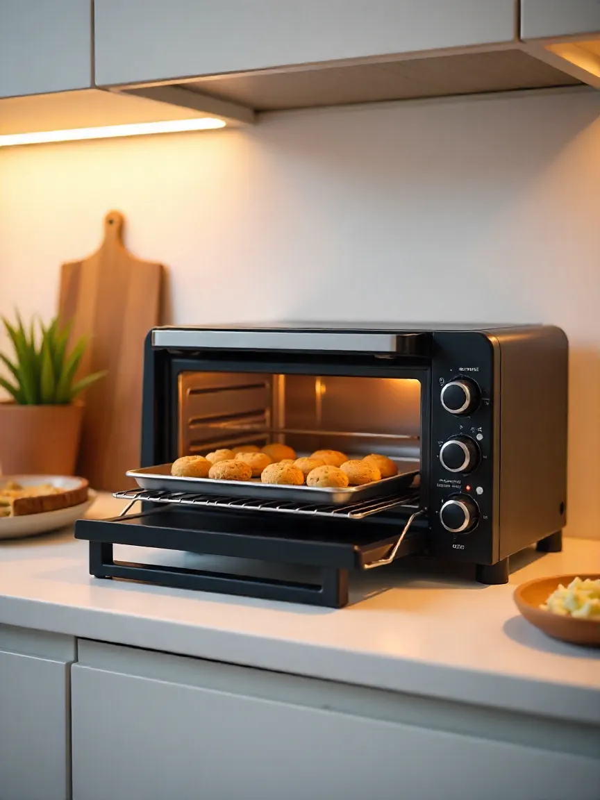 Oven Toaster Griller baking cookies and grilling vegetables in a modern kitchen. 