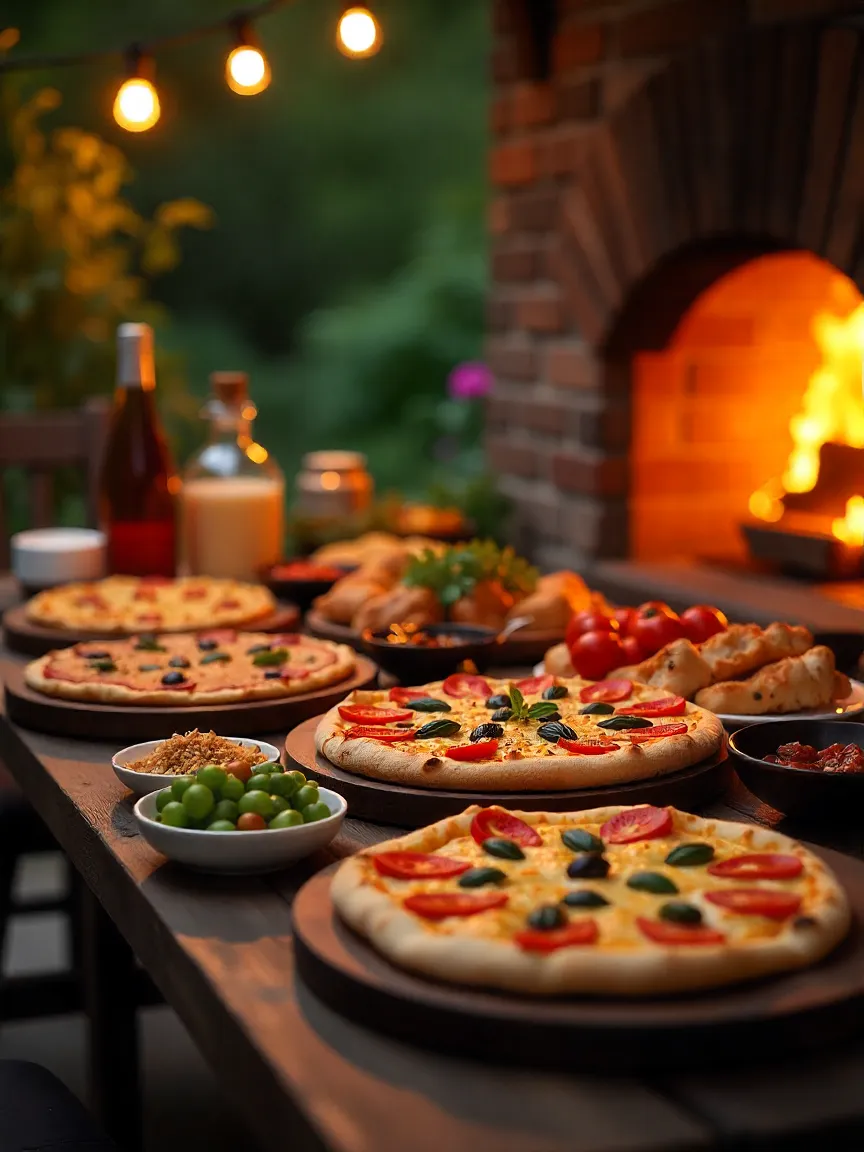 Variety of dishes including pizza, bread, roasted vegetables, and desserts prepared in a wood-fired brick oven.