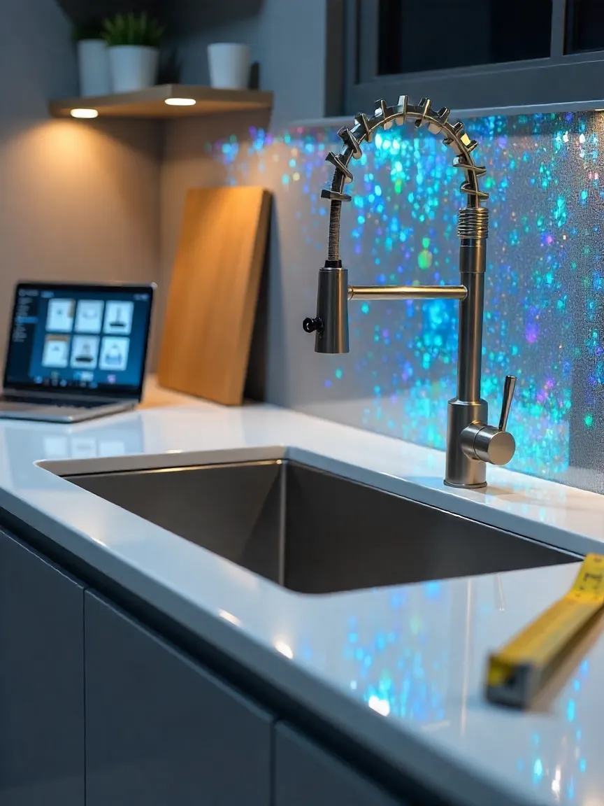 Modern kitchen with a deep kitchen sink, laptop displaying various sink options, and measuring tape nearby, representing the process of selecting the perfect sink.