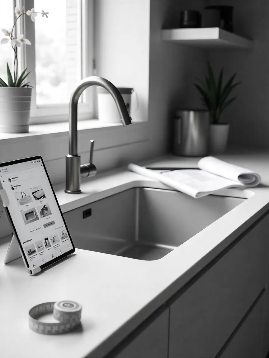 Modern kitchen with a deep kitchen sink, alongside an online shopping setup with a laptop displaying different sink options, symbolizing the process of choosing the right one.