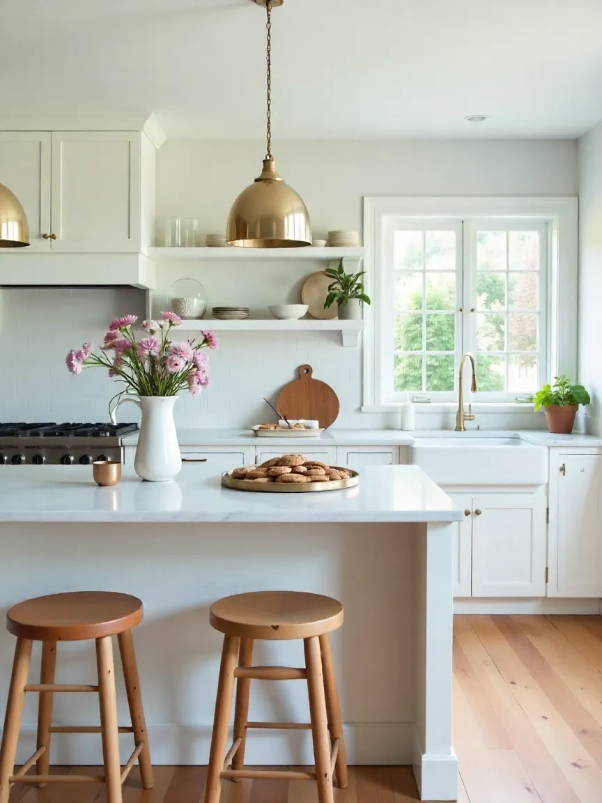White kitchen with marble island, pendant lights, wooden stools, and cookies on platters, styled for entertaining guests.