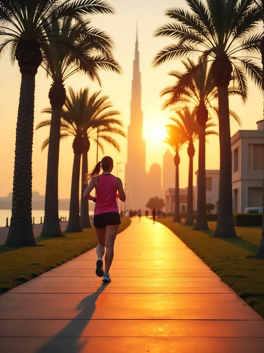 Jogger enjoying outdoor exercise in Dubai during autumn with a bright sky and cityscape in the background.