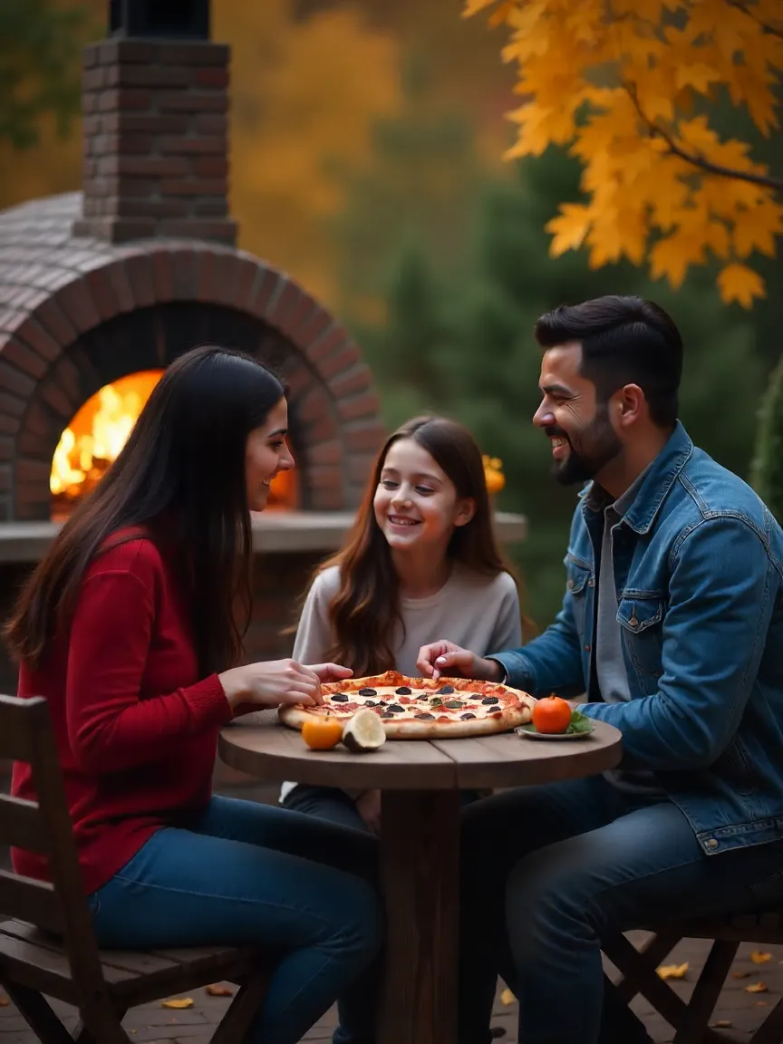 Family enjoying pizza around a glowing wood-fired brick oven in a rustic outdoor garden setting.