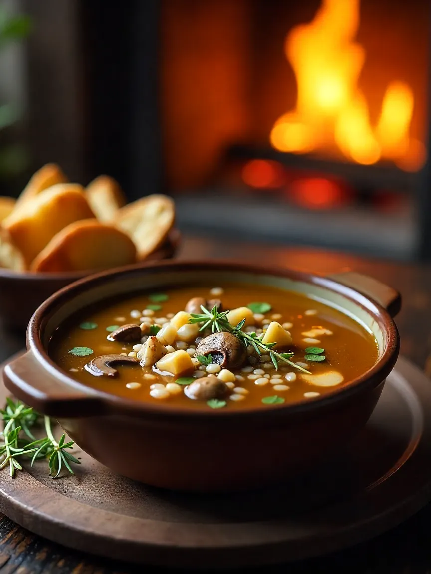 Bowl of wild rice and mushroom soup with herbs and bread, served warm in a rustic fall-inspired atmosphere.