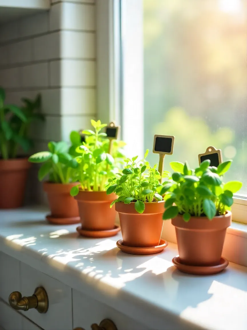 Kitchen windowsill with potted herbs like basil and parsley in ceramic pots, adding freshness and charm to the space.