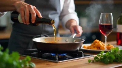 Chef pouring wine into a pan for deglazing, with a simmering sauce pot, fresh herbs, and a glass of red wine on the counter, showcasing wine cooking techniques.