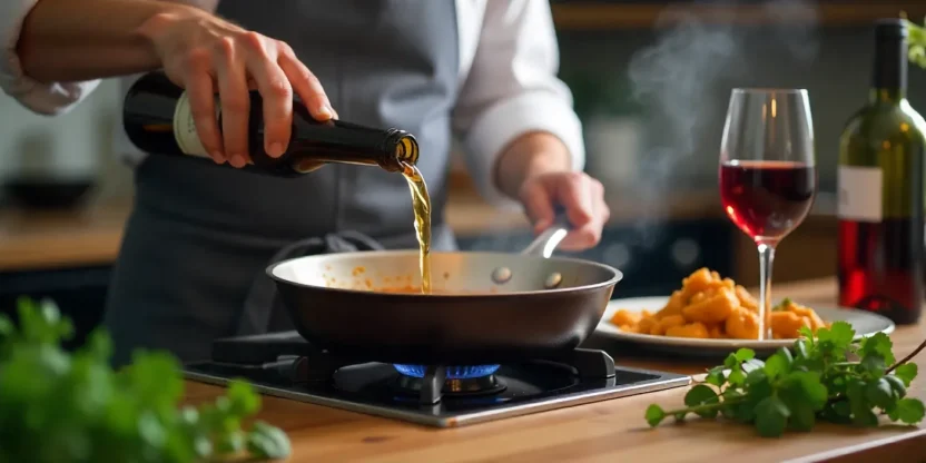 Chef pouring wine into a pan for deglazing, with a simmering sauce pot, fresh herbs, and a glass of red wine on the counter, showcasing wine cooking techniques.