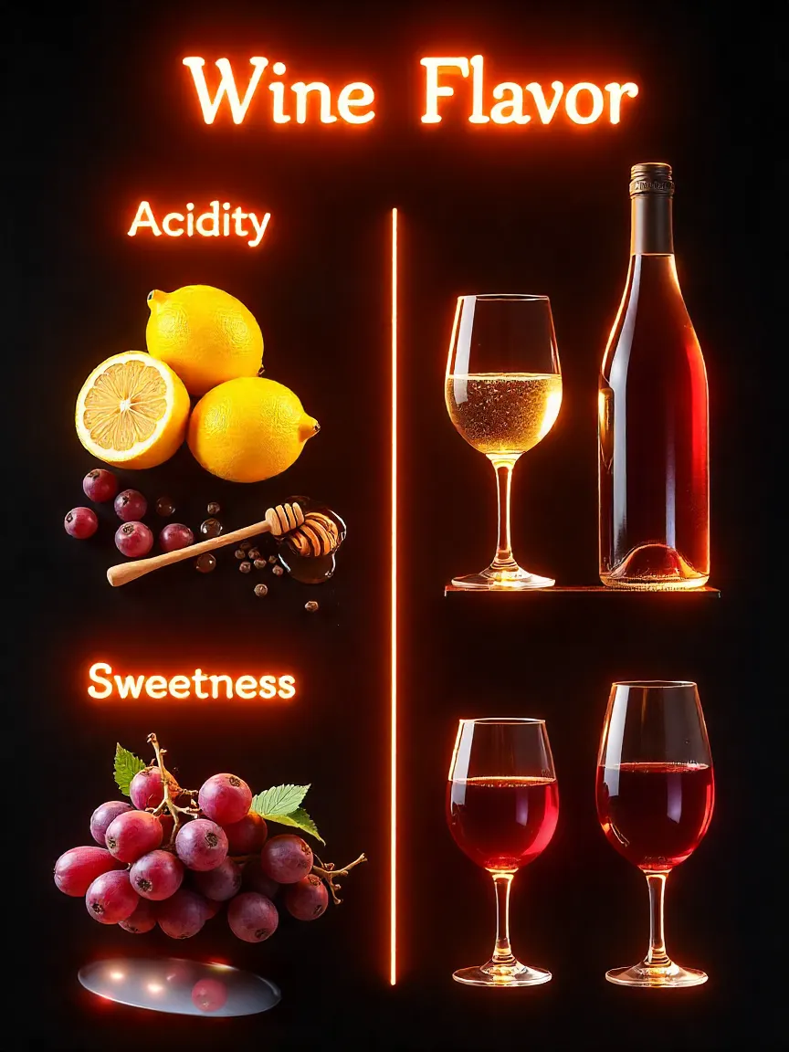 Infographic-style image illustrating wine flavor profiles: acidity, sweetness, body, and tannins with visual food and wine examples.