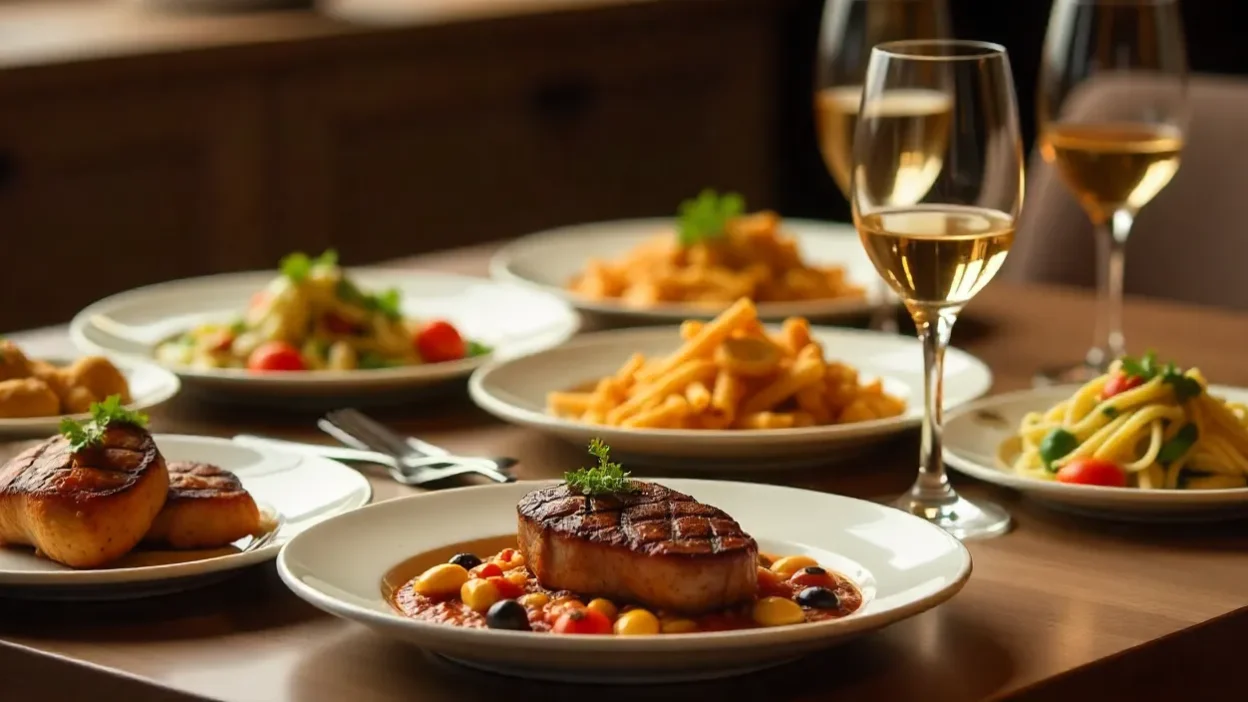 Elegant dining table with assorted dishes and glasses of red, white, rosé, and sparkling wines paired to complement each meal.