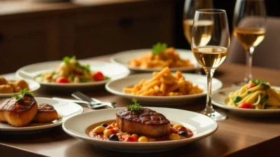 Elegant dining table with assorted dishes and glasses of red, white, rosé, and sparkling wines paired to complement each meal.
