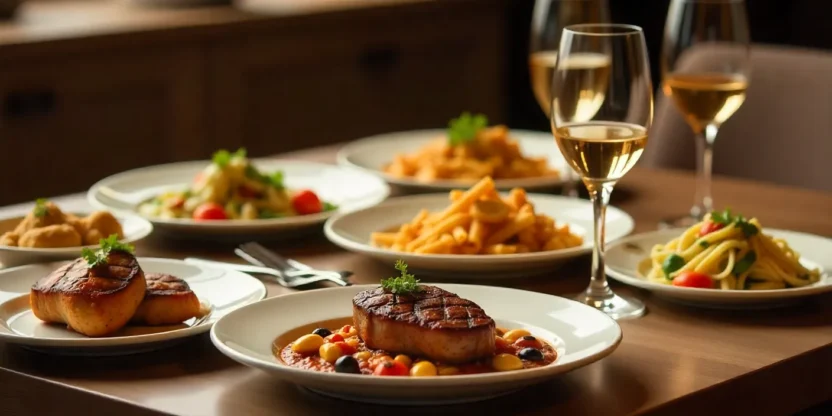 Elegant dining table with assorted dishes and glasses of red, white, rosé, and sparkling wines paired to complement each meal.