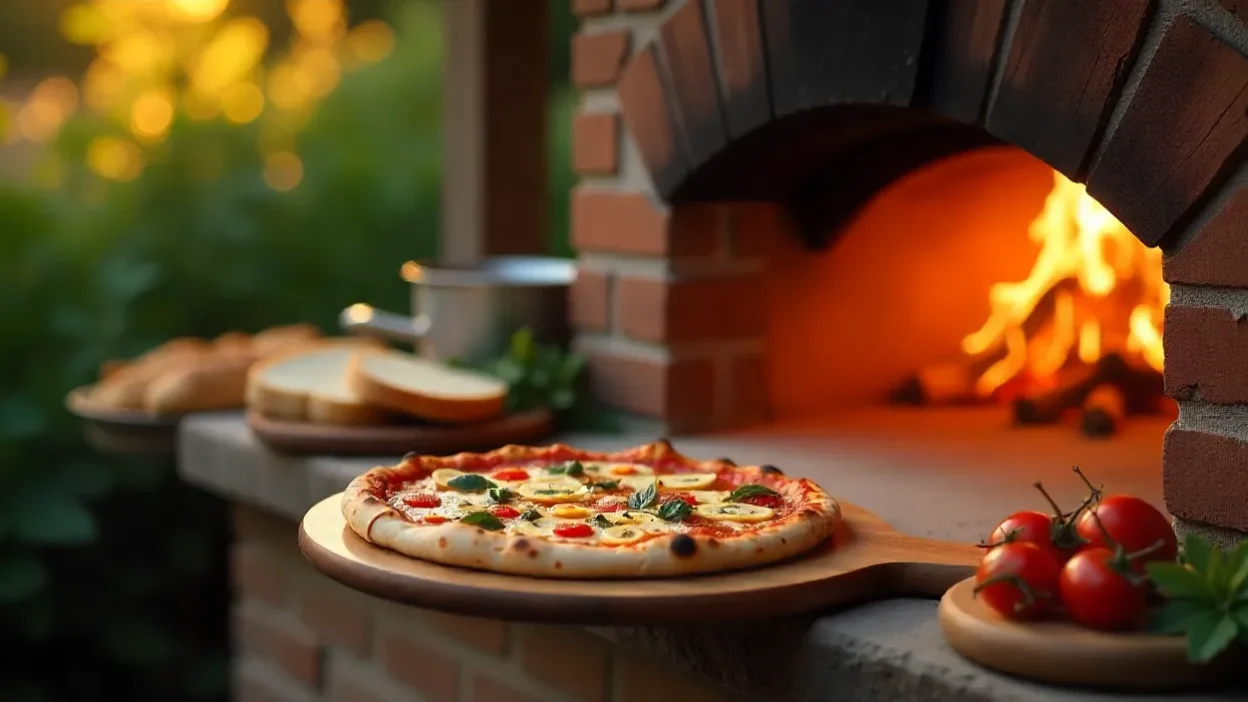 Rustic outdoor brick pizza oven with fire inside, fresh pizza on a wooden peel, and bread with vegetables nearby in a cozy garden setting.