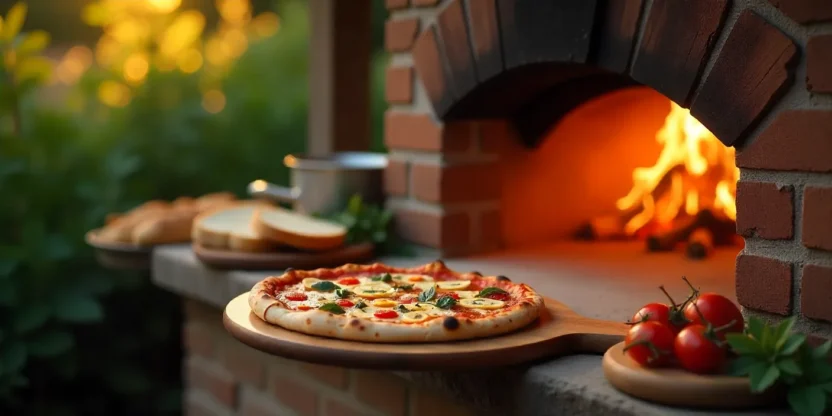 Rustic outdoor brick pizza oven with fire inside, fresh pizza on a wooden peel, and bread with vegetables nearby in a cozy garden setting.