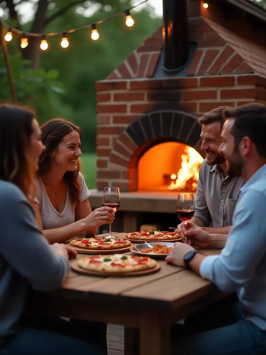 Family enjoying food together around a glowing wood-fired brick oven, creating a warm and social cooking experience.