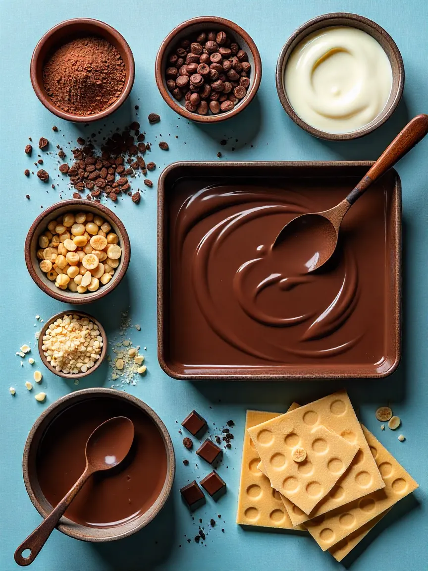 Collage of ingredients for homemade chocolate wafer bars: chocolate, wafers, nuts, caramel, and decorations.