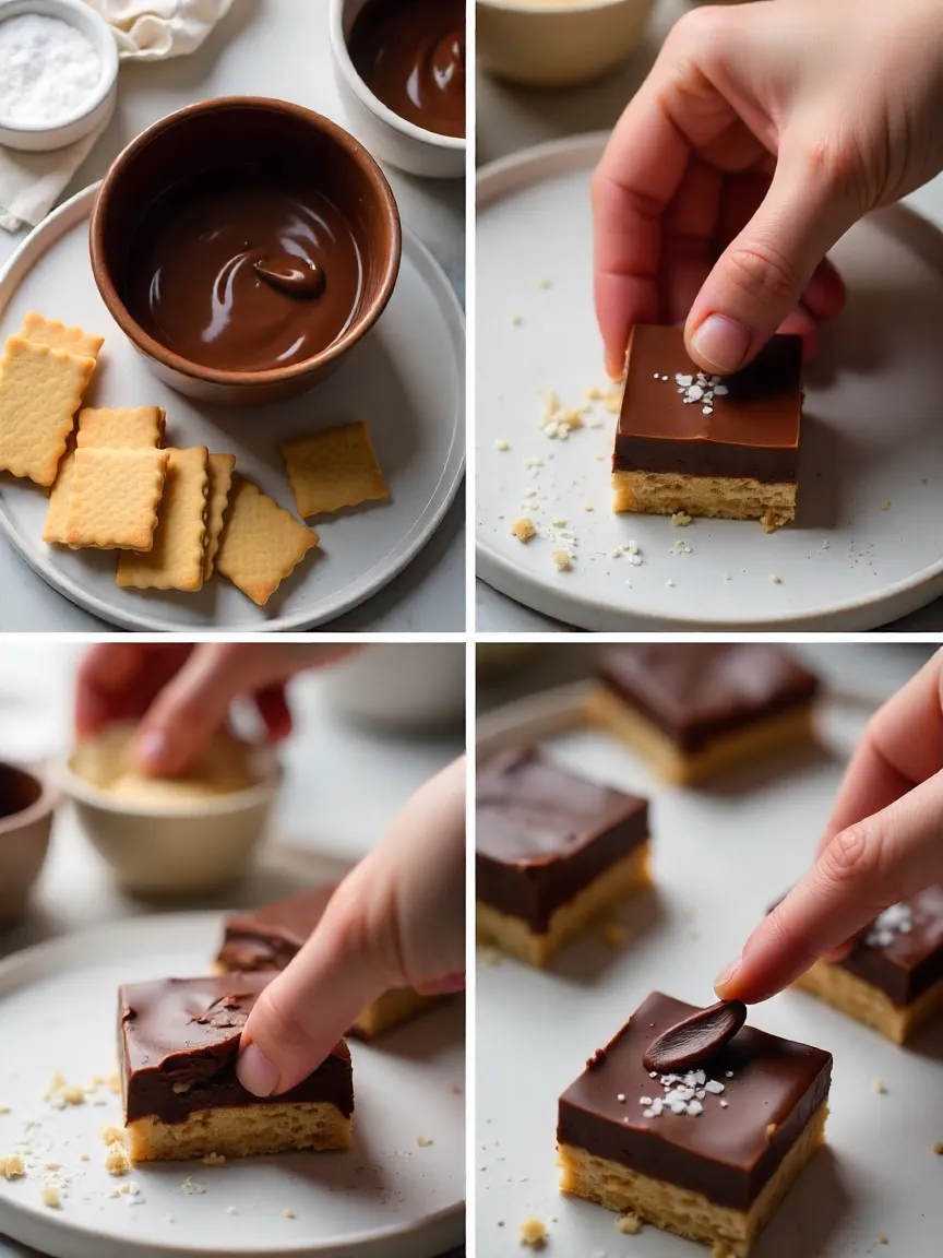Adding personal touches to homemade chocolate wafer bars with chocolate, wafers, and a pinch of salt.