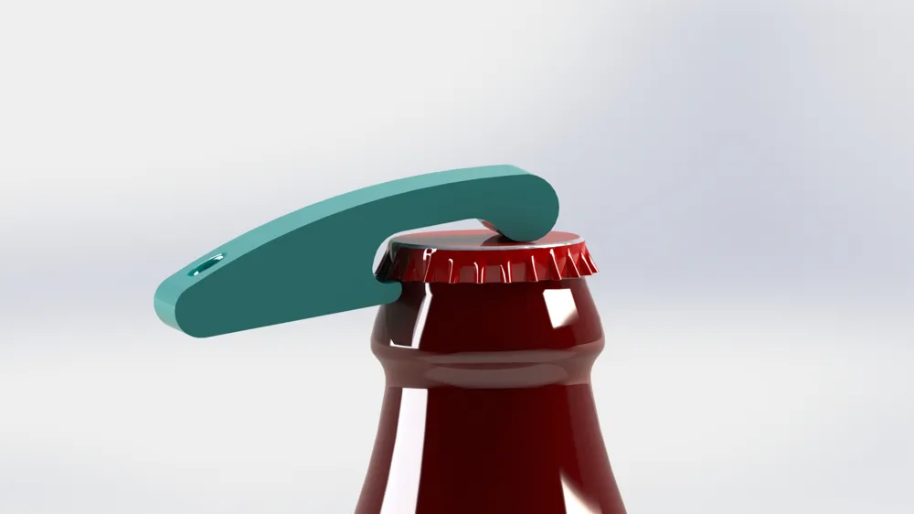 Green 3D printed bottle opener positioned on the cap of a brown glass bottle, demonstrating how the tool functions to remove the bottle cap
