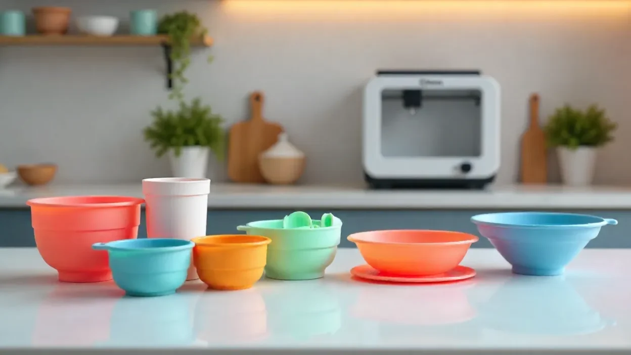 3D printed kitchen tools including measuring cups, spice rack, and utensils displayed on a modern kitchen counter with a 3D printer in the background