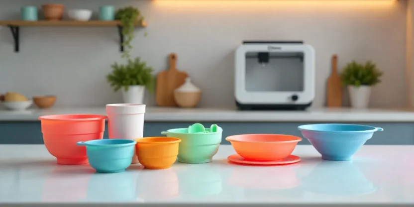 3D printed kitchen tools including measuring cups, spice rack, and utensils displayed on a modern kitchen counter with a 3D printer in the background