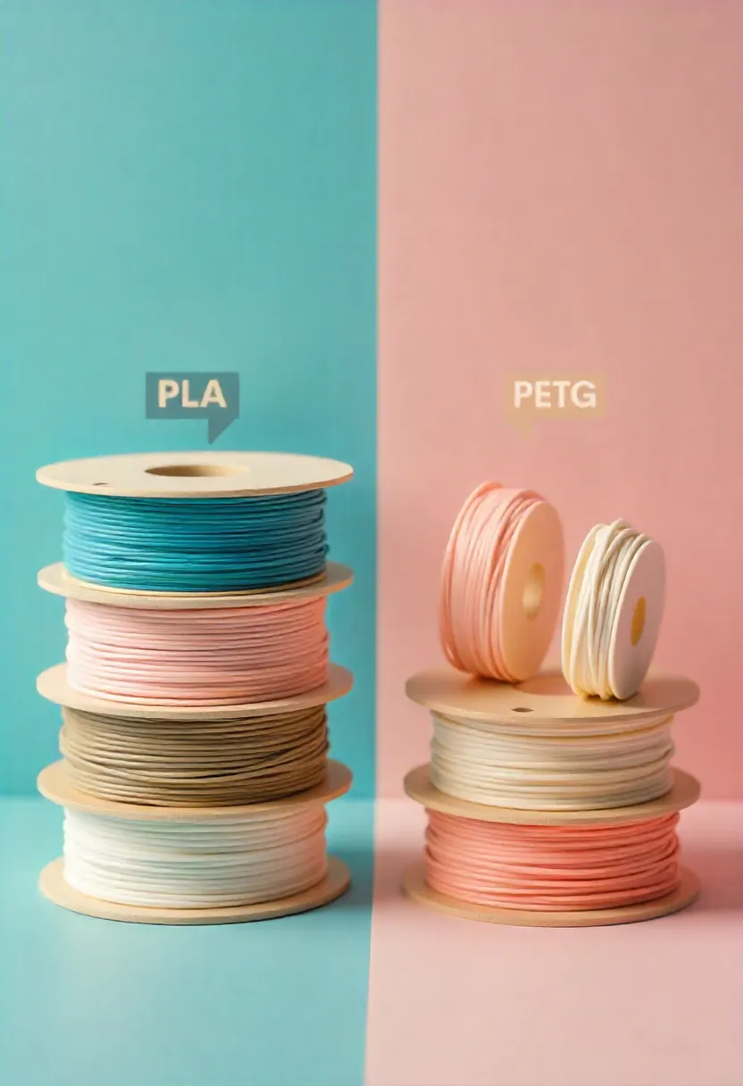 Infographic showing food-safe 3D printing materials like PLA and PETG alongside design examples for safe kitchen tools, including proper thickness and smooth surfaces